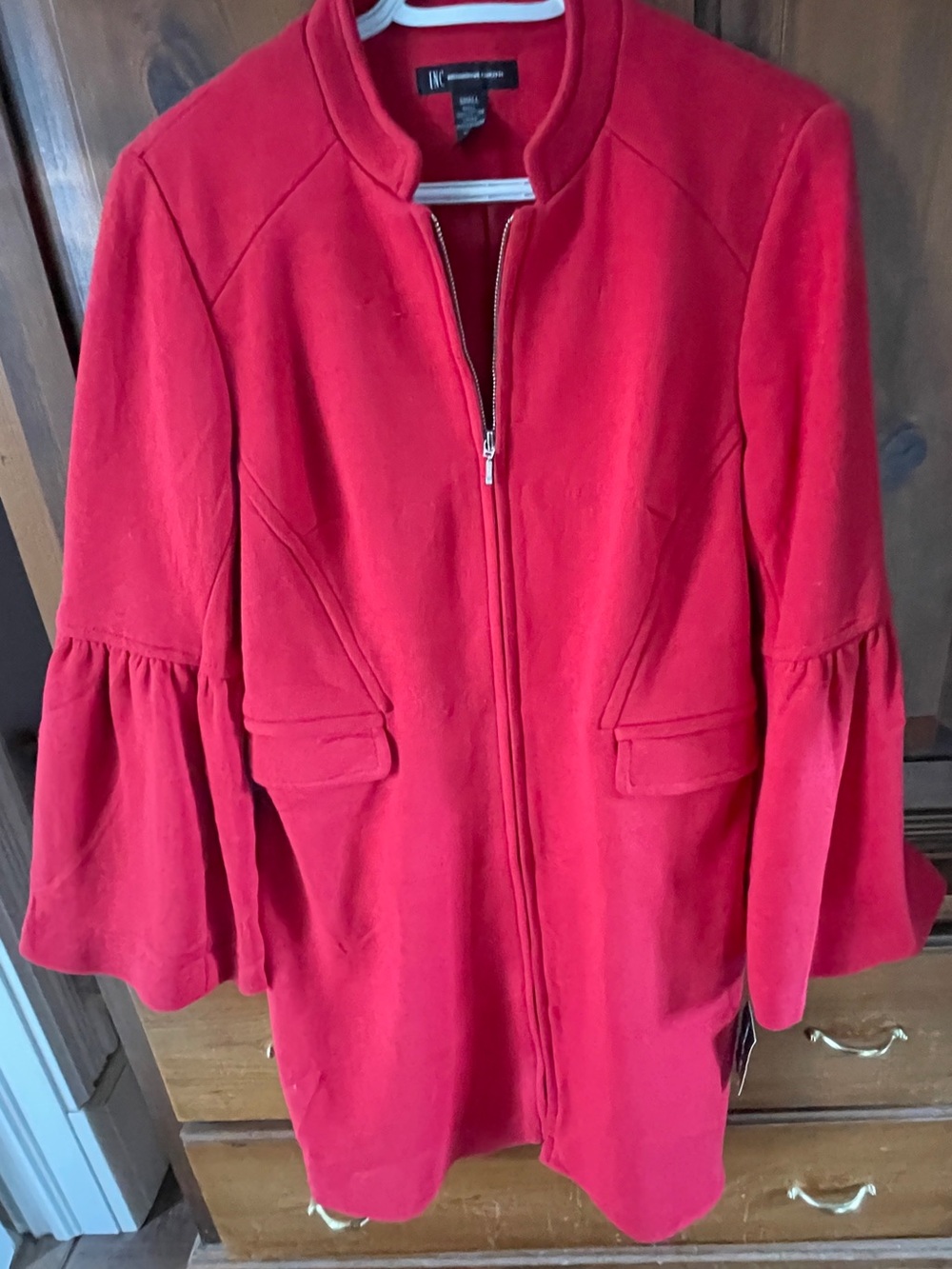 INC International Concepts Bright Red Bell-Sleeve Zip Trench Coat